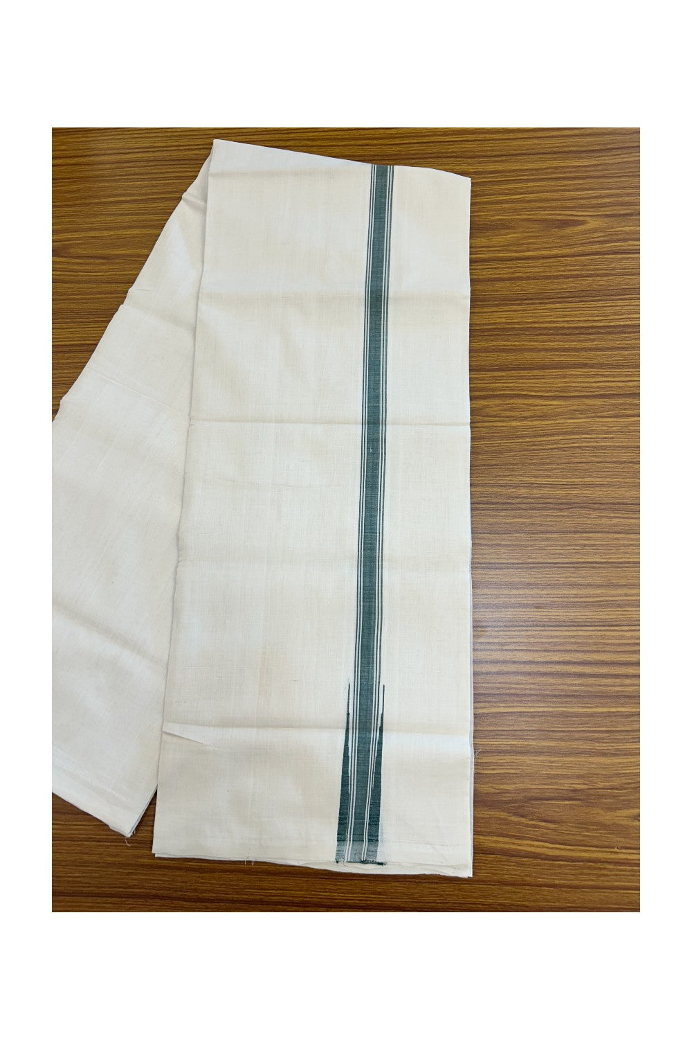 25% Discount!!! KaithariKada HANDLOOM UNAKKUPAAV Balaramapuram - 100% PURE Cotton OFF WHITE (Unbleached) Double Mundu/Dhoti - 80x90 - 1 inch Green stripes chutty 4 Mtr (8.5 Muzham) - 23KK5235 YAR