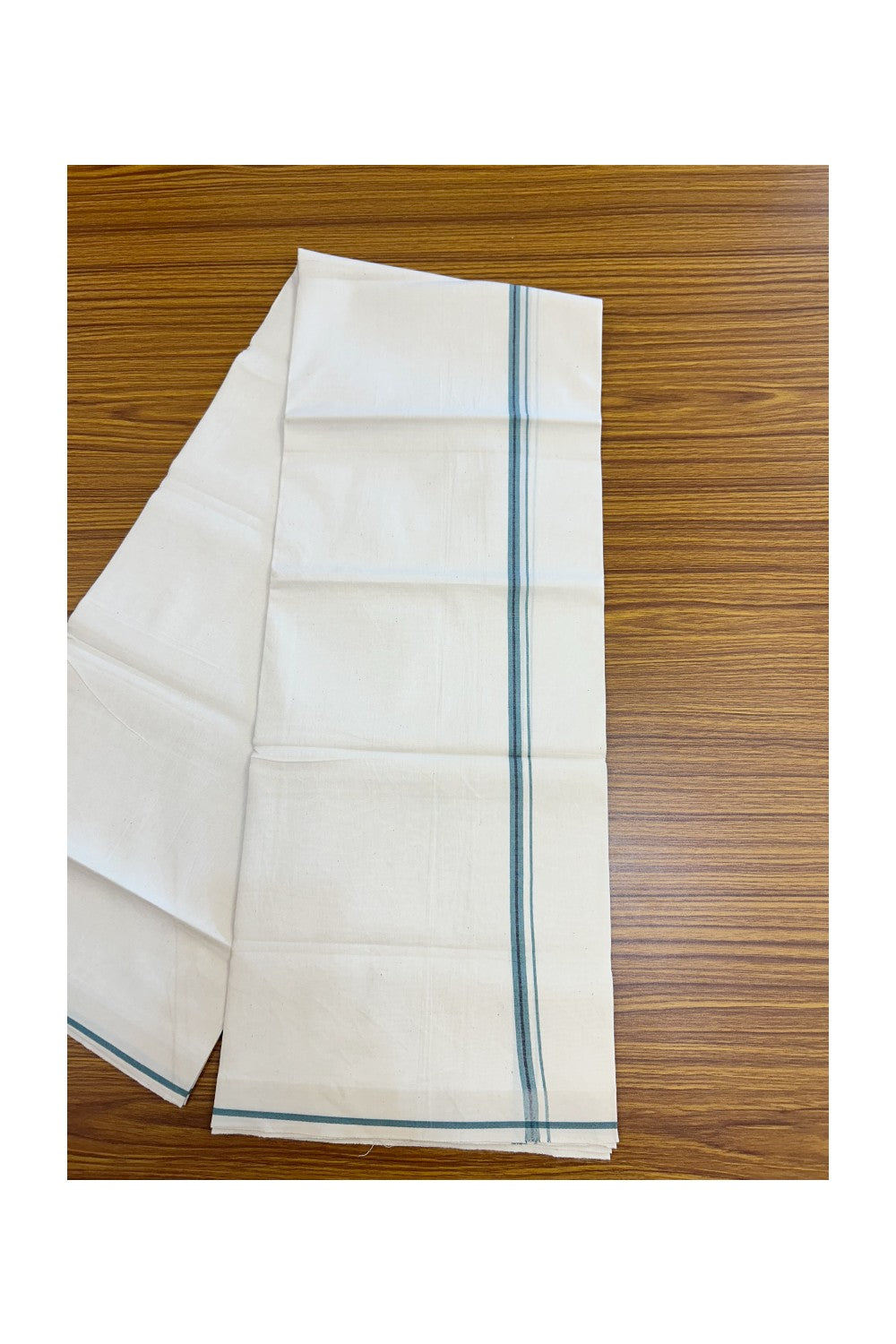 24% Discount !! KaithariKada Balaramapuram 100% Cotton OFF WHITE (Unbleached) Single Mundu/Dhoti - Twisted 60s Thread - 0.8 cm Teal shaded Navy blue striped Kara (2 meter / 4 muzham) - 52KK5241 GL