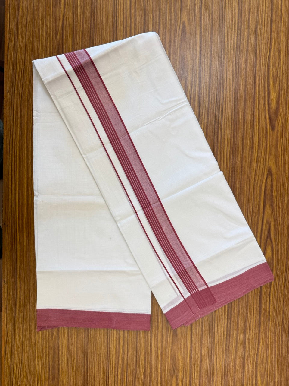 Short Dhoti Special - 28% Discount ! KaithariKada 100% Cotton Pure White Double Mundu / Dhoti - 100x80 - 45 inch Height 3.80 m Length  1.5 inch Maroon Magenta Mix kara - 23 KK5258 THI