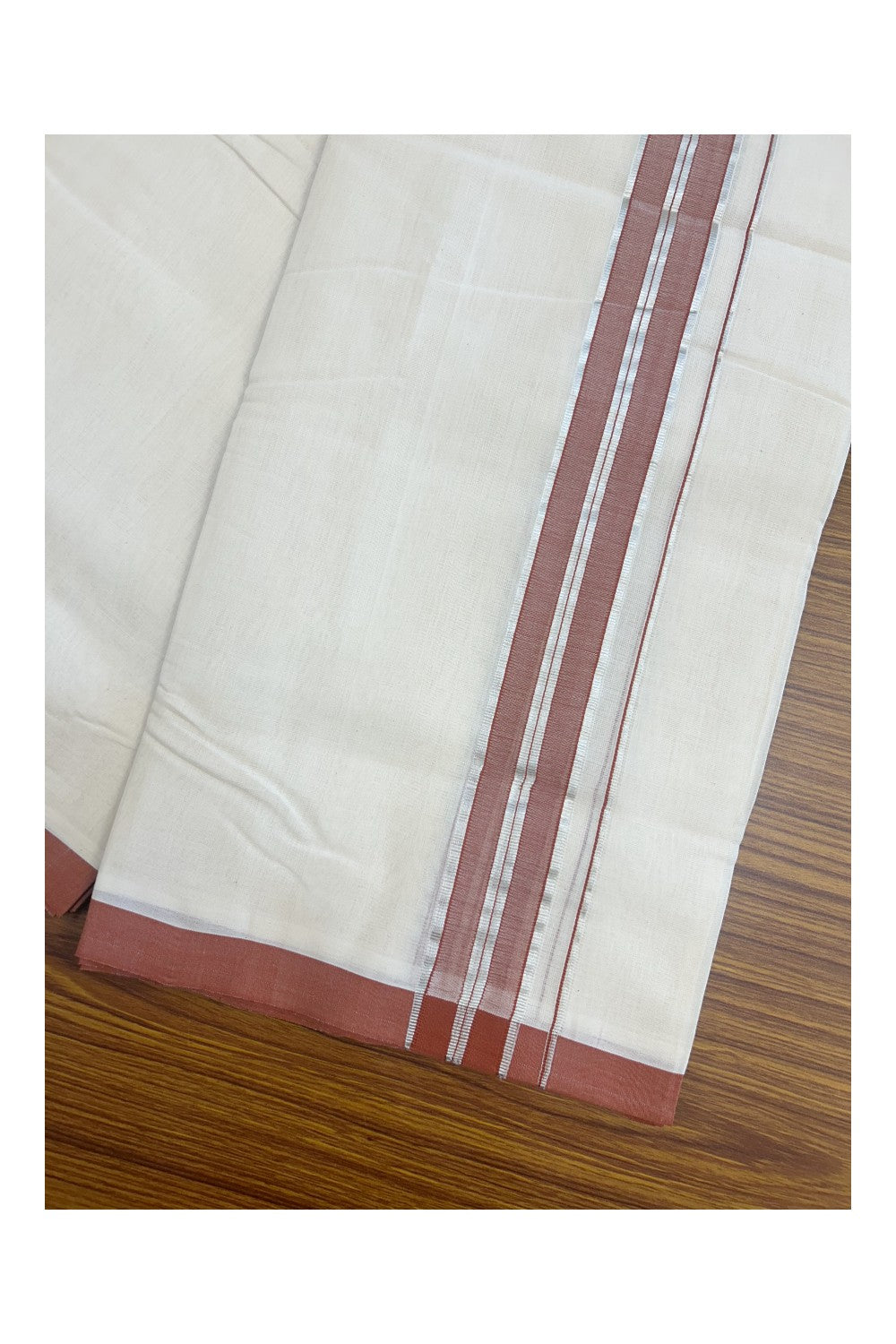 31% DISCOUNT!! KaithariKada HANDLOOM Millpaav Balaramapuram - 100% PURE Cotton OFF White Double - (Unbleached) Mundu/Dothi - 1.75 Inch Silver Kasav Brown kara - 23kk5153RAM