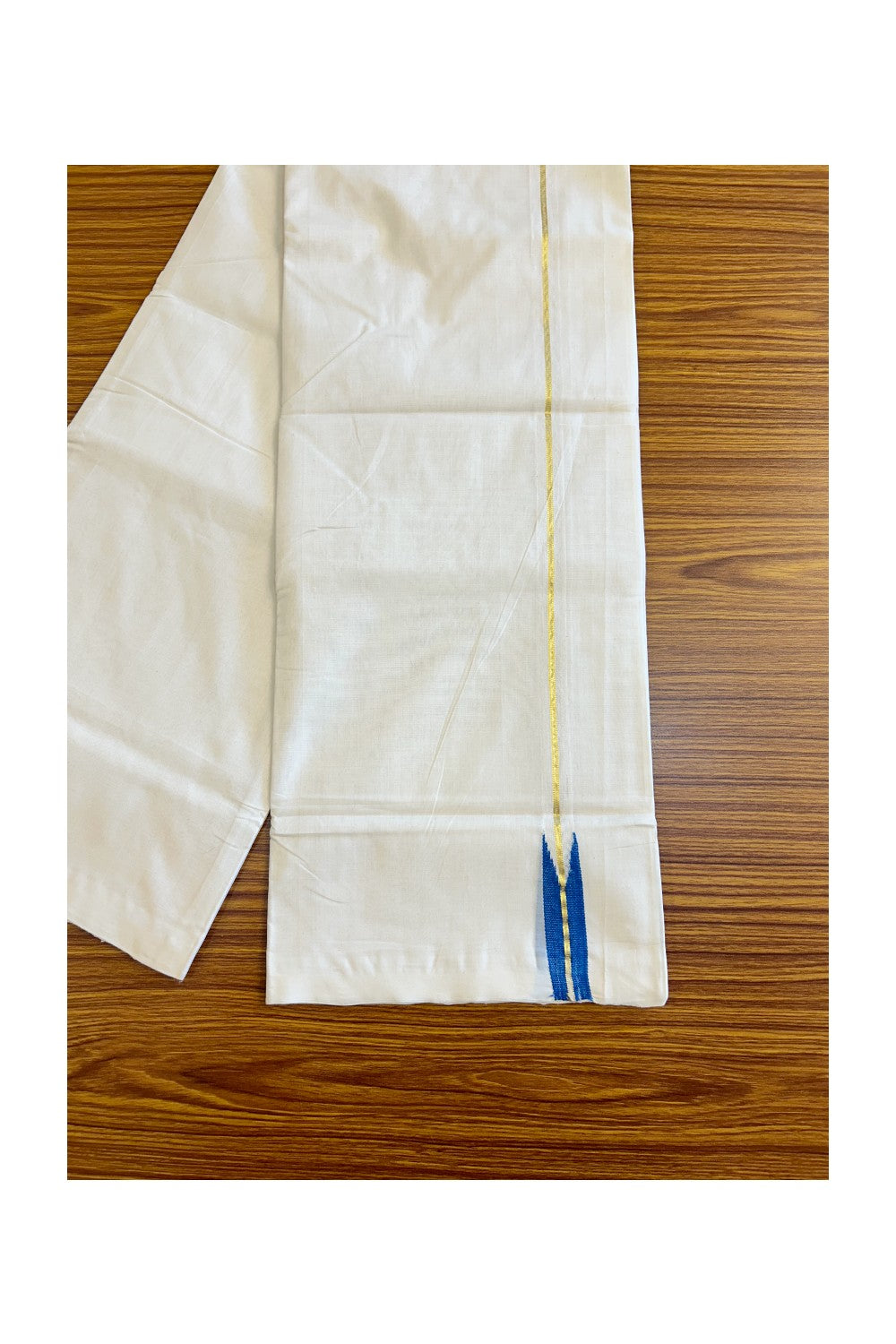 30% DISCOUNT!! KaithariKada HANDLOOM UNAKKUPAAV Balaramapuram - 100% PURE Cotton OFF White (Unbleached) Double Mundu/Dothi - Kasavu Blue Puliyilakkara Chutty - 23KK114ASH