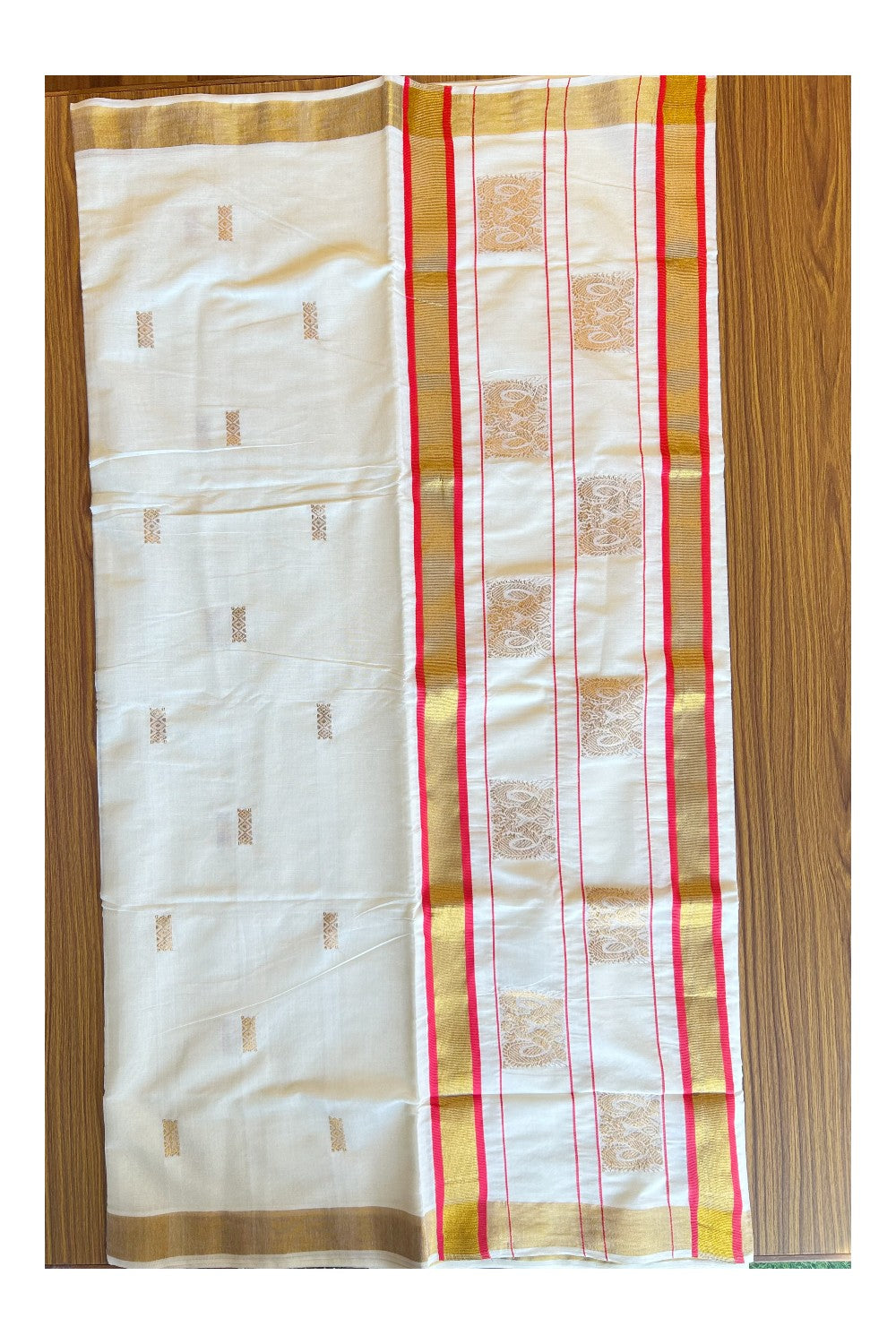 25% Discount! Kaitharikada Kerala Cotton Saree Off white - 12 inch Kasavu Zari with Orange Red  & Peacock Pattern Putta Design- 23KK303VIN