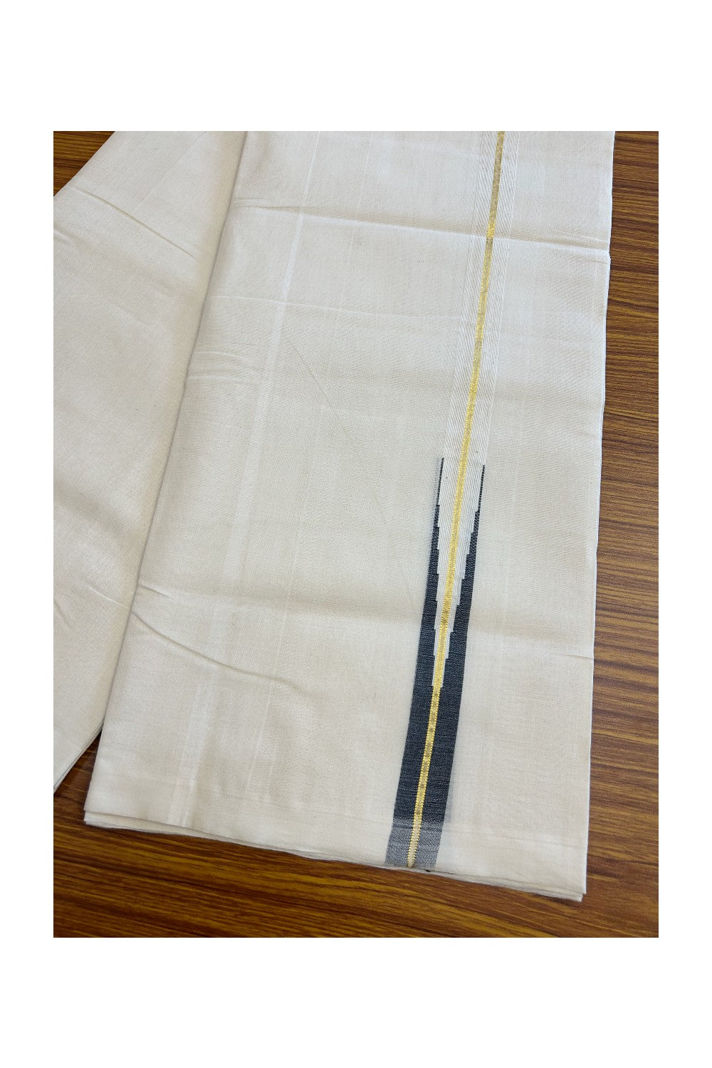 30% DISCOUNT!! KaithariKada HANDLOOM Millpaav Balaramapuram - 100% PURE Cotton OFF White - (Unbleached) Double Mundu/Dothi - 1 inch puliyilakkara Kasavu Black chutty - 23KK5011RAM