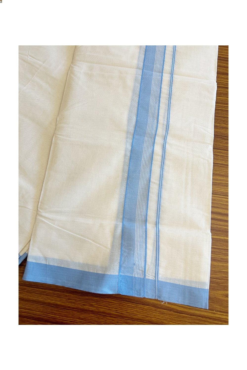 10% Discount KaithariKada Balaramapuram 100% Cotton Off White Double - (Unbleached) - Mundu/Dhoti - 100x100 2.25 inch - Sky Blue Side Stripe Kara - 202