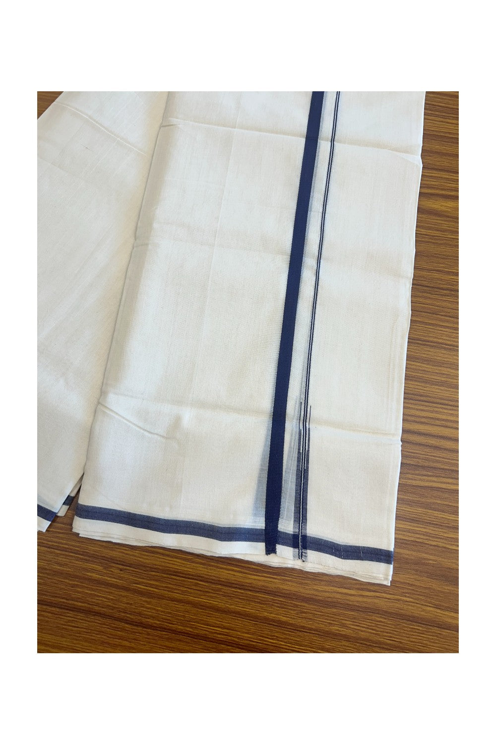 15% Discount KaithariKada HANDLOOM Unakkupaav Balaramapuram - 100% PURE Cotton Off White (Unbleached) - 100x100 Double Mundu/Dhoti -  1.cm Puliyilakkara Chutty Navy Blue- 103