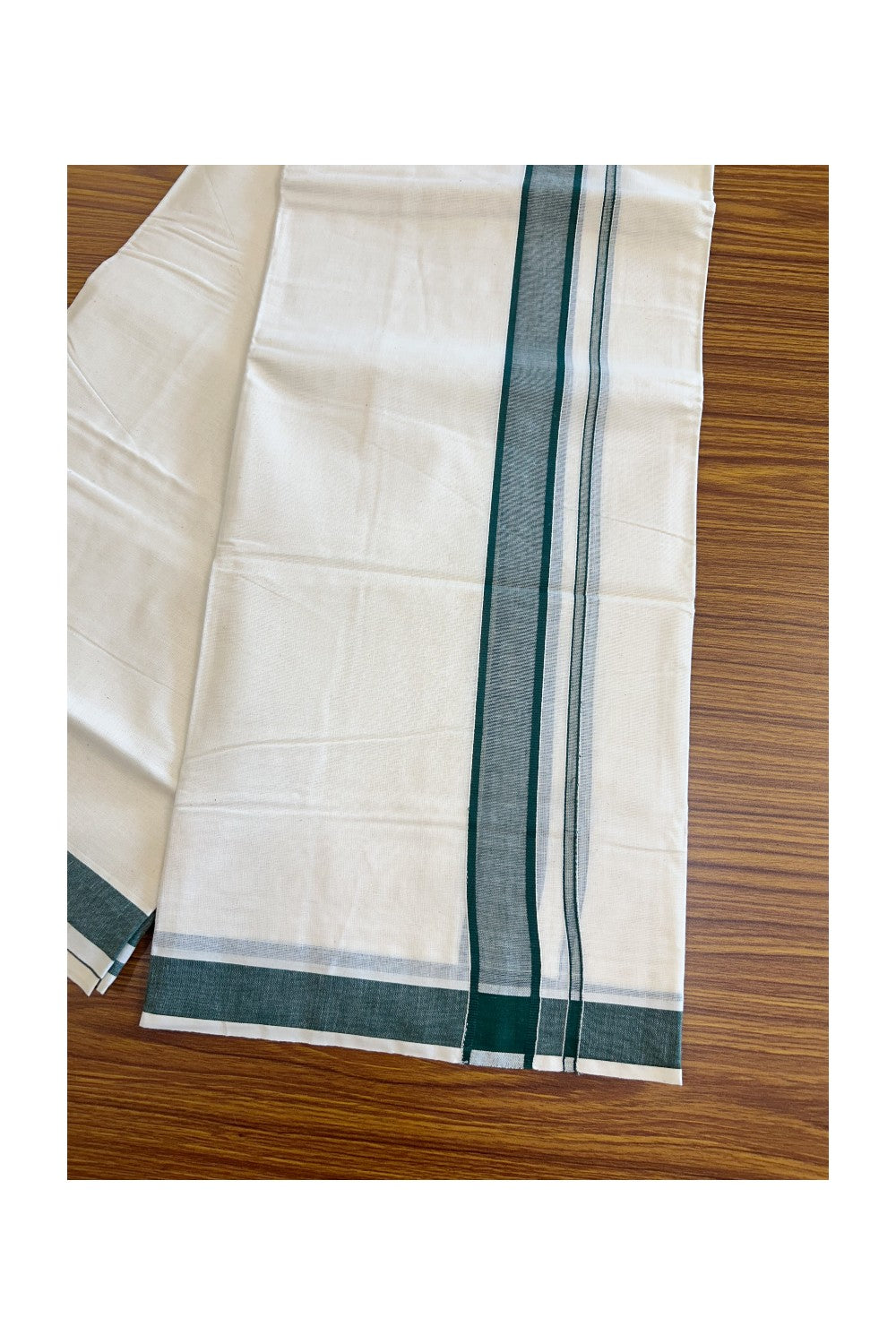5% Discount KaithariKada Balaramapuram 100% Cotton Double Off white - (Unbleached) - Mundu/Dhoti- 80x72 - 1 inch Dark Green Kara - 276