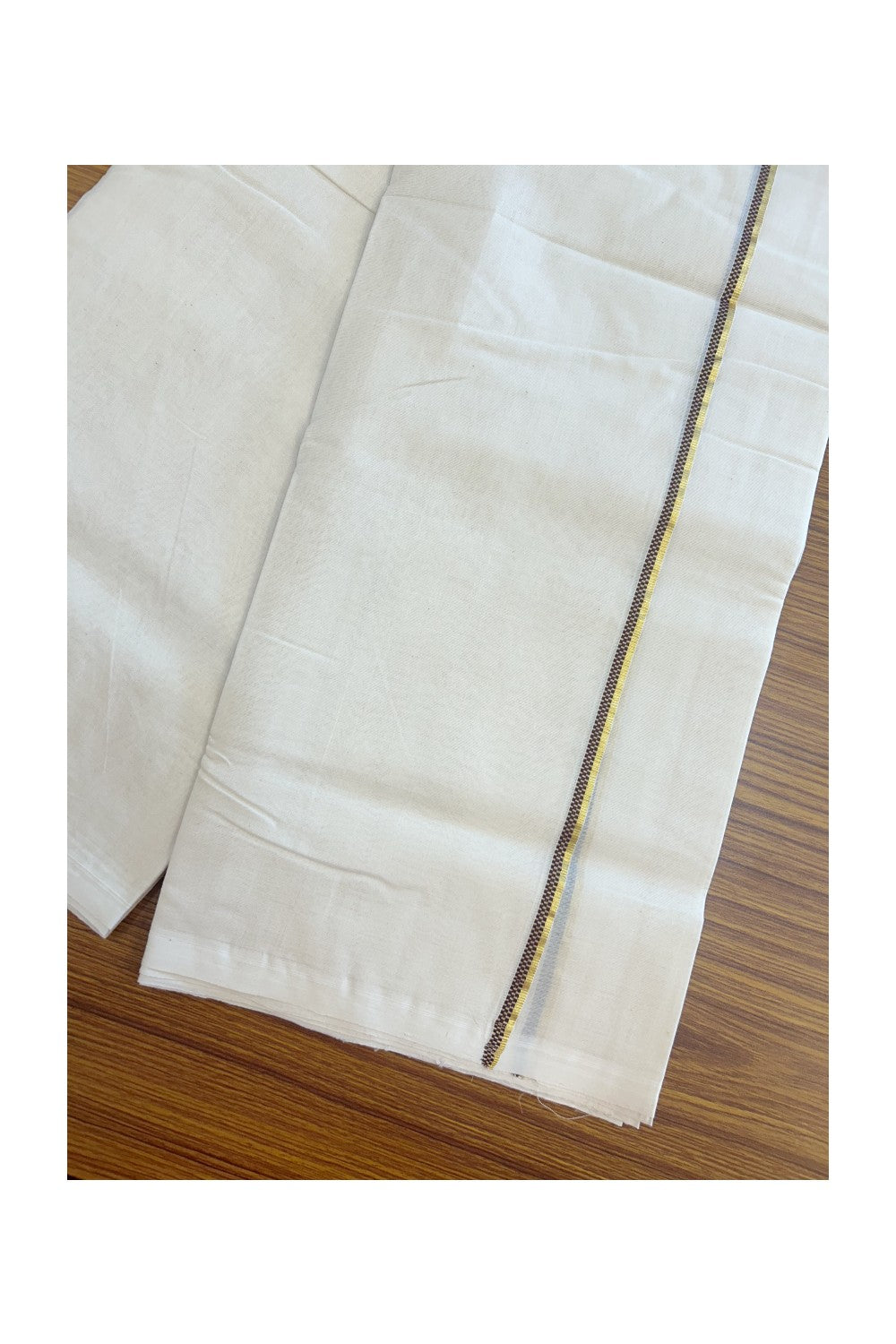 27% DISCOUNT! KaithariKada BALARAMAPURAM HANDLOOM UNAKKUPAAV - 100% PURE Cotton Off white (Unbleached) Double Mundu/Dhoti - 0.25 inch Gold Kasavu & Muthukkuri Brown Kara (8 Muzham) - 8KK5161SOM