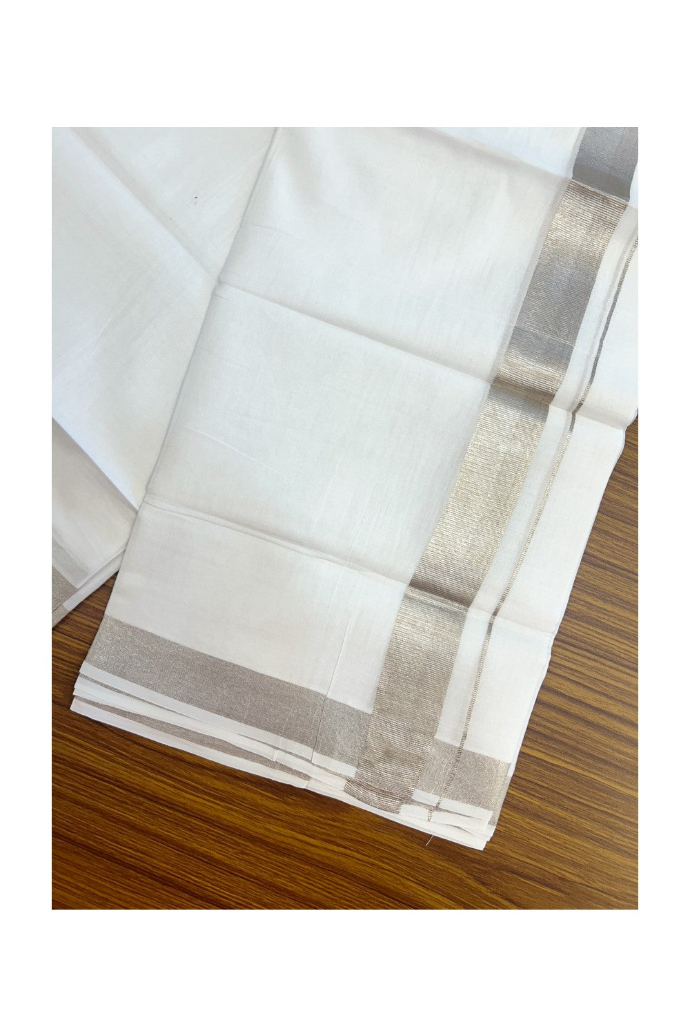 23% DISCOUNT! KaithariKada Balaramapuram 100% Cotton DOUBLE PURE WHITE Mundu/Dhoti - 100x80 - 1.25 inch Silver Kasavu Kara - 23KK5171GAN