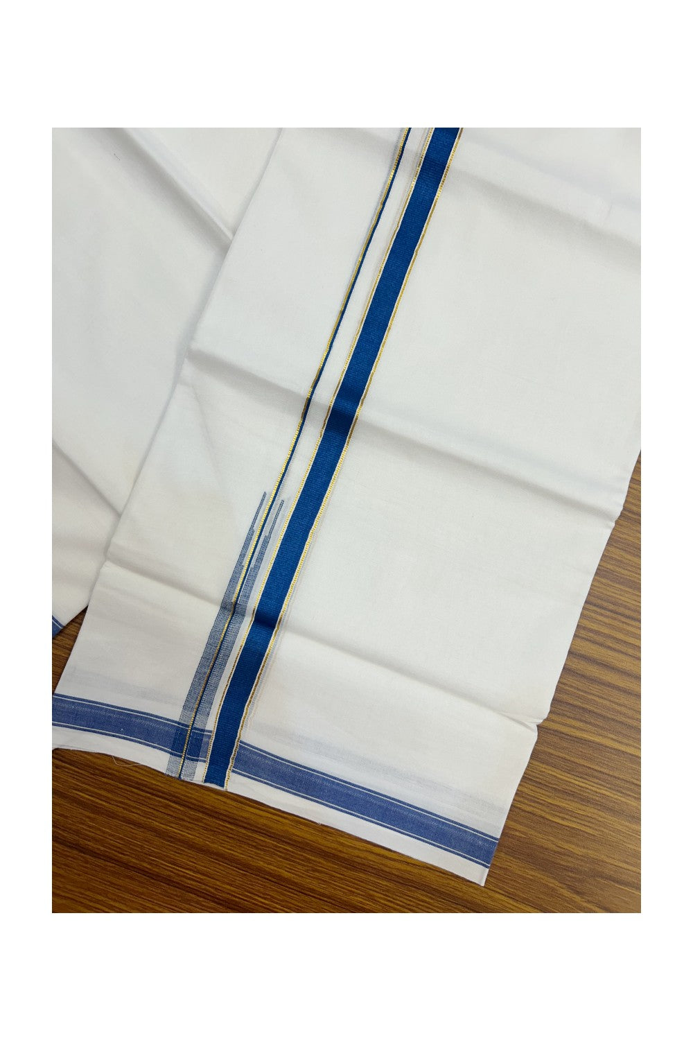 20% DISCOUNT!! KaithariKada Balaramapuram 100% Cotton PURE WHITE Double Mundu/Dhoti-100x80 - 0.5 inch Cobalt Blue Kasav Chutty Kara - 23KK5191CKS