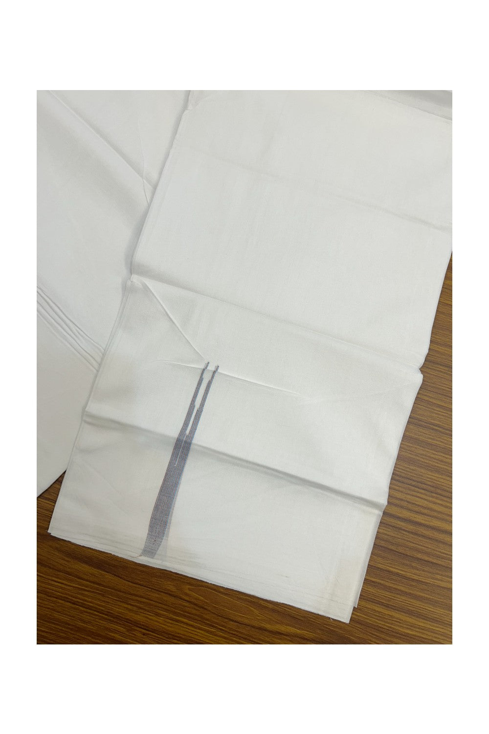 20% DISCOUNT!! NEW!! KaithariKada Balaramapuram 100% Cotton PURE WHITE Double Mundu/Dhoti - (100x80)s - 0.5 inch Sky Blue &Light Brown Shaded Puliyilakkara chutty - 23KK5210CKS