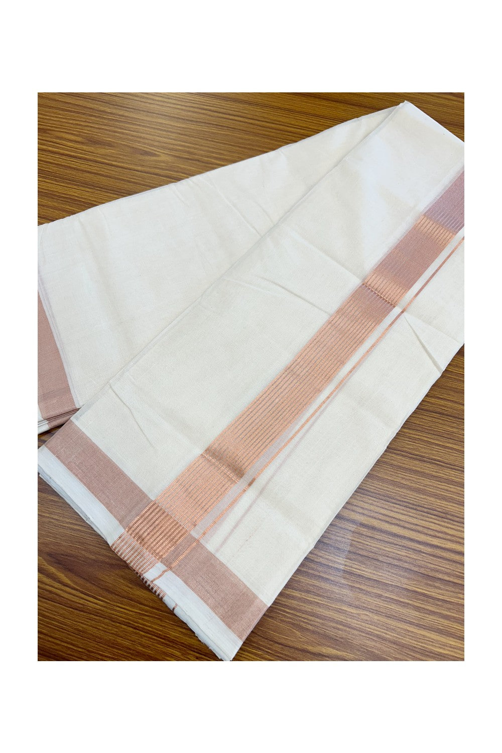25% DISCOUNT!! KaithariKada HANDLOOM Millpaav Balaramapuram - 100% PURE Cotton OFF White Double (Unbleached) Mundu/Dothi - 80x90 - 2 Inch Copper Kasavu Stripes Kara 4 mtr (8.5 muzham) - 23KK5234 RAM