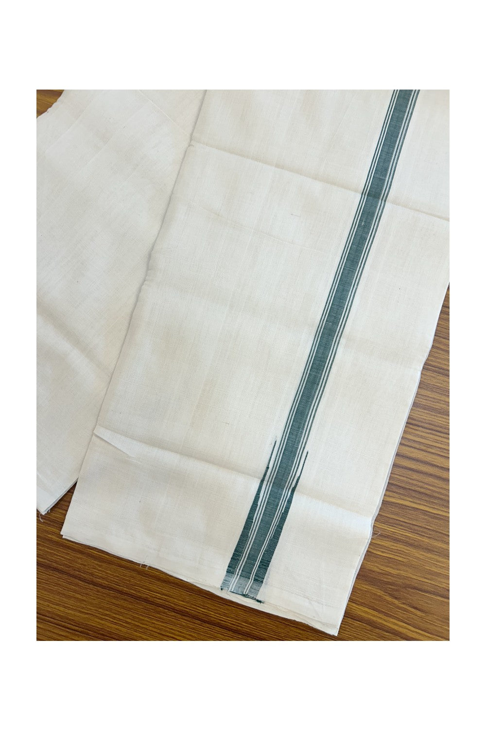 25% Discount!!! KaithariKada HANDLOOM UNAKKUPAAV Balaramapuram - 100% PURE Cotton OFF WHITE (Unbleached) Double Mundu/Dhoti - 80x90 - 1 inch Green stripes chutty 4 Mtr (8.5 Muzham) - 23KK5235 YAR