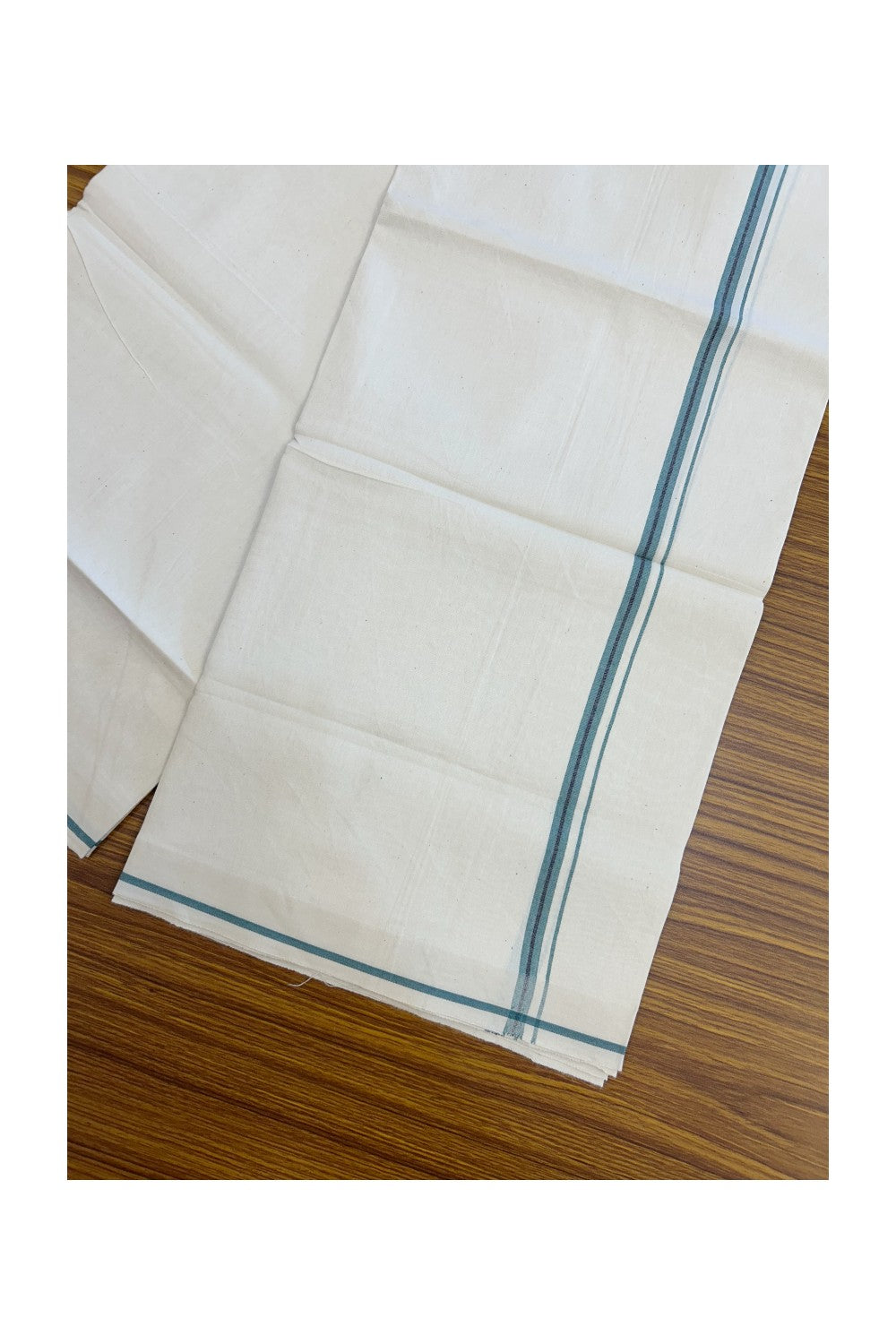 24% Discount !! KaithariKada Balaramapuram 100% Cotton OFF WHITE (Unbleached) Single Mundu/Dhoti - Twisted 60s Thread - 0.8 cm Teal shaded Navy blue striped Kara (2 meter / 4 muzham) - 52KK5241 GL
