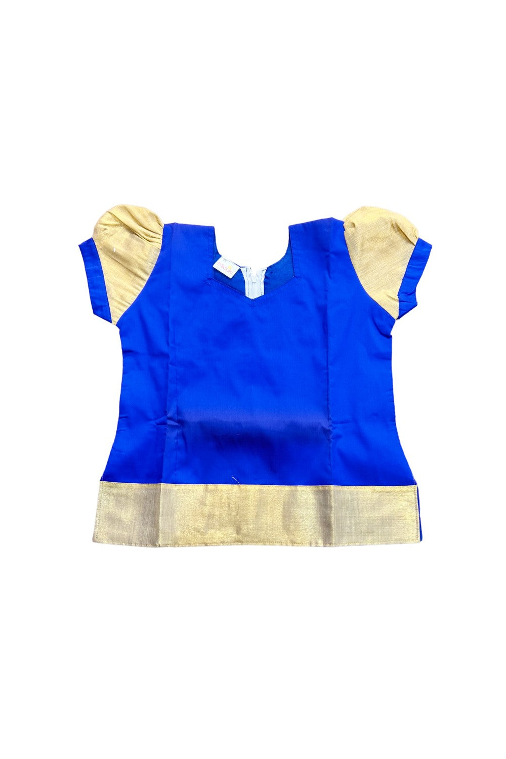 Midukki-Traditional South Indian Kids Pattu Pavada- Blue top offwhite skirt with kasavu- Age 8 - KK8MID0023