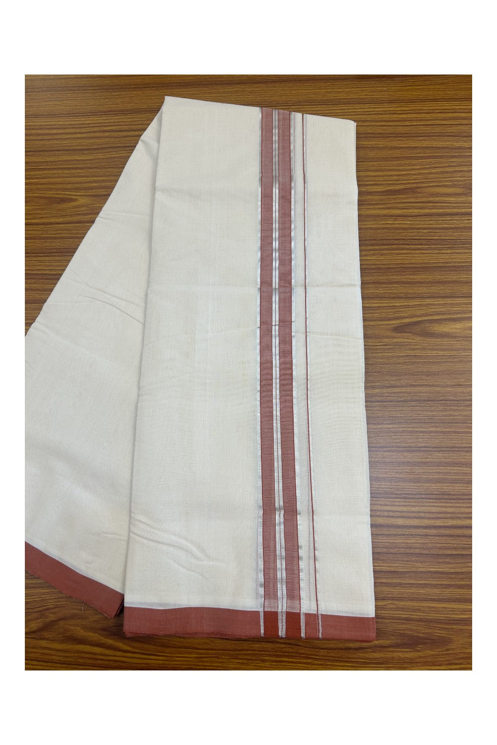 31% DISCOUNT!! KaithariKada HANDLOOM Millpaav Balaramapuram - 100% PURE Cotton OFF White Double - (Unbleached) Mundu/Dothi - 1.75 Inch Silver Kasav Brown kara - 23kk5153RAM