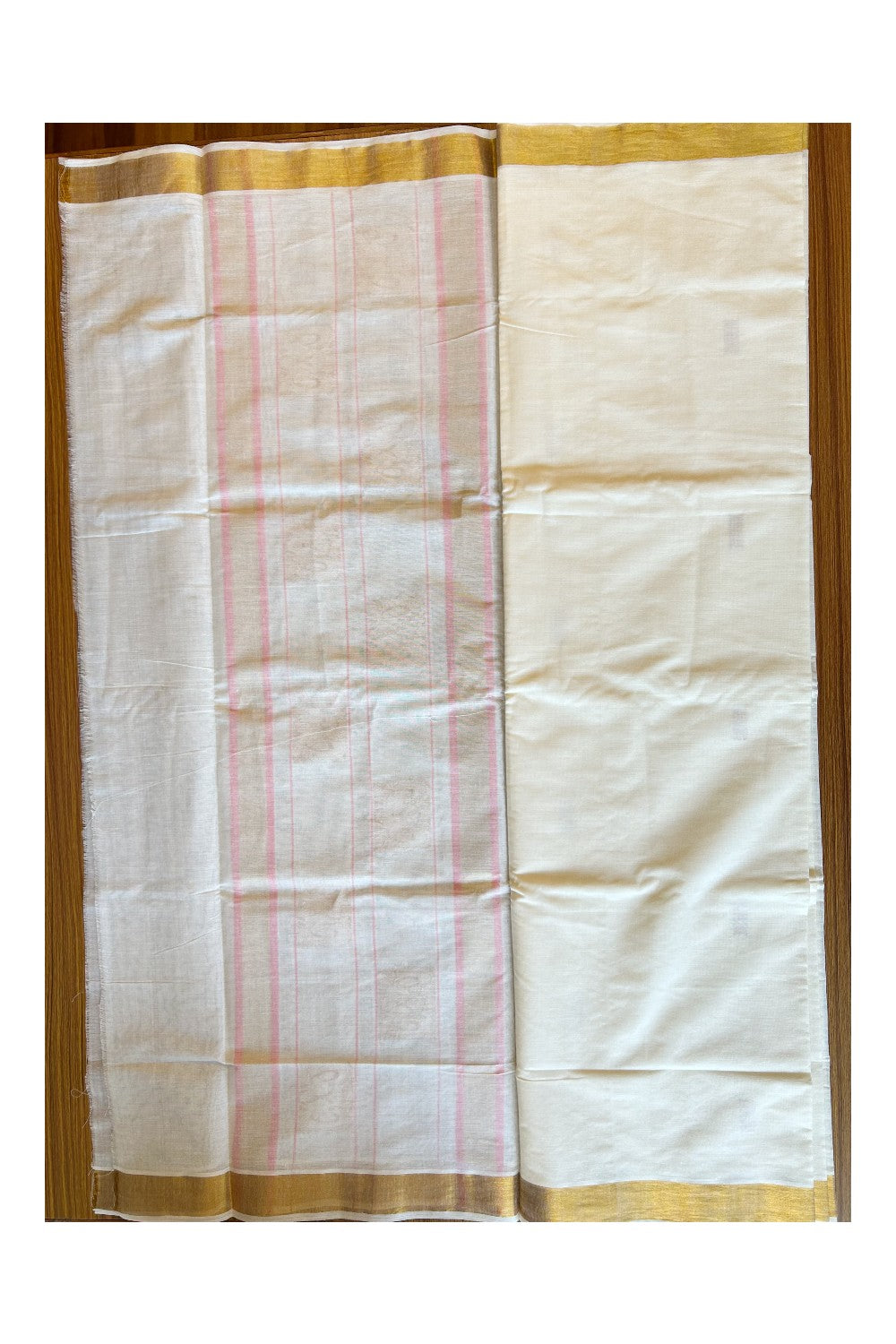25% Discount! Kaitharikada Kerala Cotton Saree Off white - 12 inch Kasavu Zari with Orange Red  & Peacock Pattern Putta Design- 23KK303VIN
