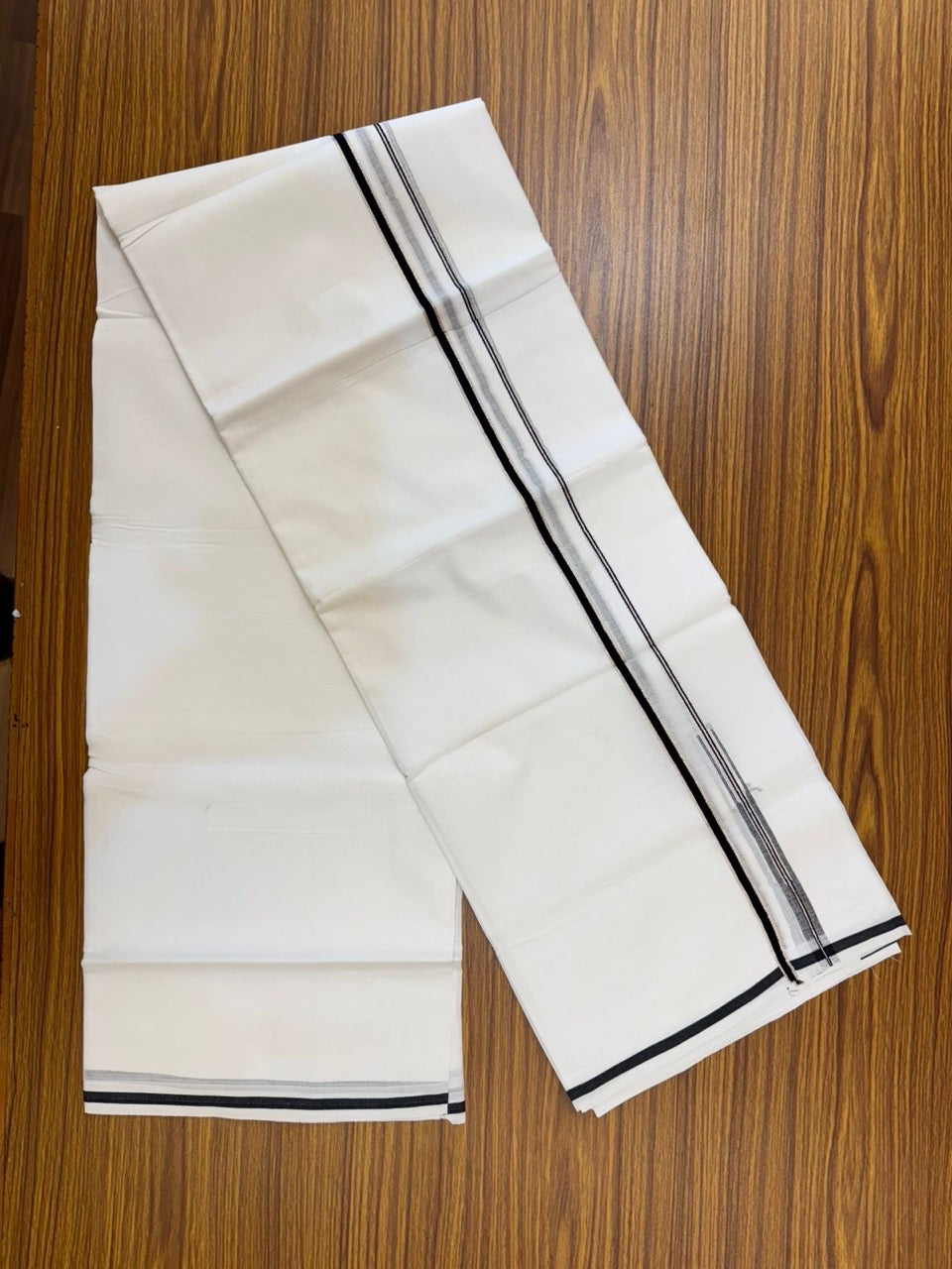 20% Discount ! Kaitharikada Balaramapuram 100% Cotton Pure White Double Mundu/Dothi - 100x80 - 1 cm Puliyilakkara Silver Kasav & Black Chutty Kara 4 mtr (8.5 muzham) - 62 KK5255 VAS