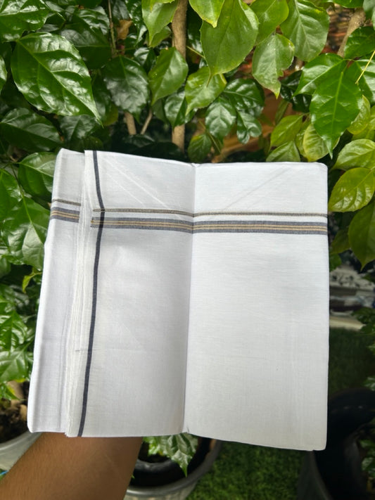 24% Discount !! KaithariKada Balaramapuram 100% Cotton Pure white Single Mundu/Dhoti - Twisted 60s Thread- 0.5 inch Silver Kasavu Navy Blue & Yellow Striped Kara (2 meter / 4 muzham) - 24KK5241 GL