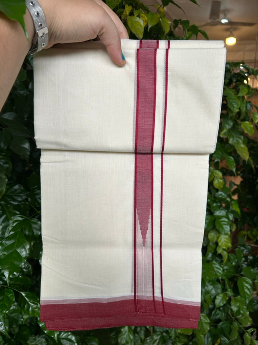 25% DISCOUNT!! KaithariKada HANDLOOM  UNAKKUPAAV Balaramapuram - 100% PURE Cotton OFF White - (Unbleached) Double Mundu/Dothi - 100 x 80 - Maroon White Chutty Kara - 3.85meter - 24 KK5249 REA