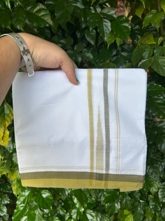 20% Discount ! NEW! KaithariKada Balaramapuram 100% Cotton Pure white Double Mundu/Dhoti - (100x80)s - 1.5 inch Mustard Yellow Sage Green chutty - 24 KK5249 VIN