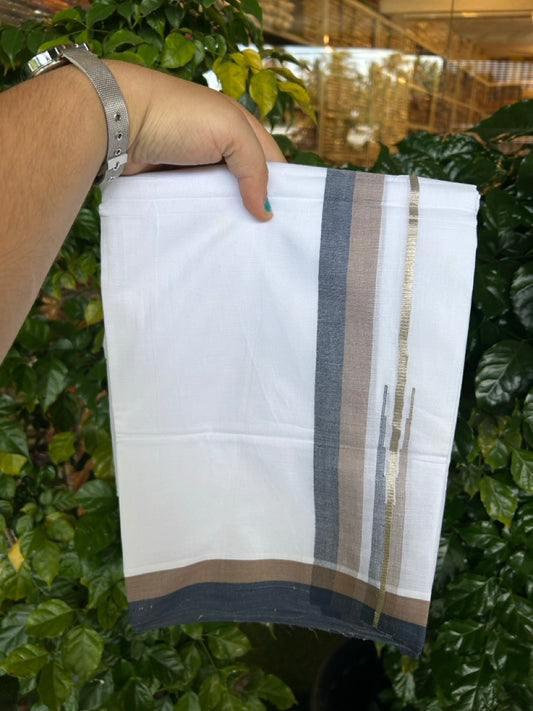 26% Discount ! NEW! KaithariKada Balaramapuram 100% Cotton Pure white Double Mundu/Dhoti - (100x80)s - Brown Navy Blue Chutty Silver Kasav - 24 KK5252 CKS
