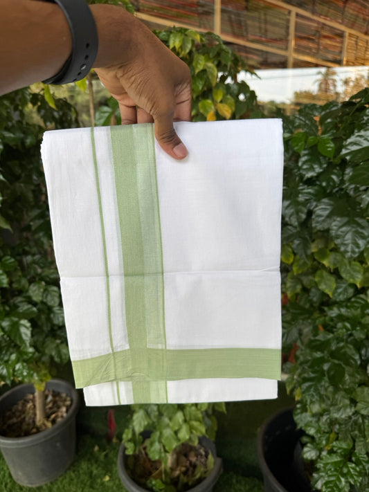 Short Dhoti Special - 28% Discount ! KaithariKada 100% Cotton Pure White Double Mundu / Dhoti - 100x80 - 45 inch Height 3.80 m Length  1.5 inch Light Green kara - 24 KK5258 THI