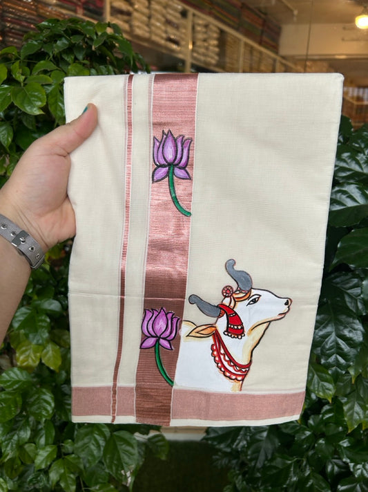24% Discount! KaithariKada 100% Cotton Double Off white - (Ubleached) Mundu / Dhoti - 100x80 1.5 inch Copper Silver Kasavu & Hand Painted Nandi Lotus Flower - 24 KK5259 CKS