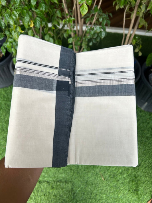 31% DISCOUNT!! KaithariKada HANDLOOM Millpaav Balaramapuram - 100% PURE Cotton OFF White Double - (Unbleached) Mundu/Dothi - 1.75 Inch Silver Kasav Black kara - 24kk5153RAM