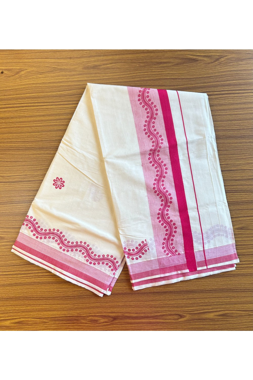 25% Discount! Kaitharikada Kerala Saree - Cotton Off white - Pink Deep Kara with Floral Prints - 24KK300VIN