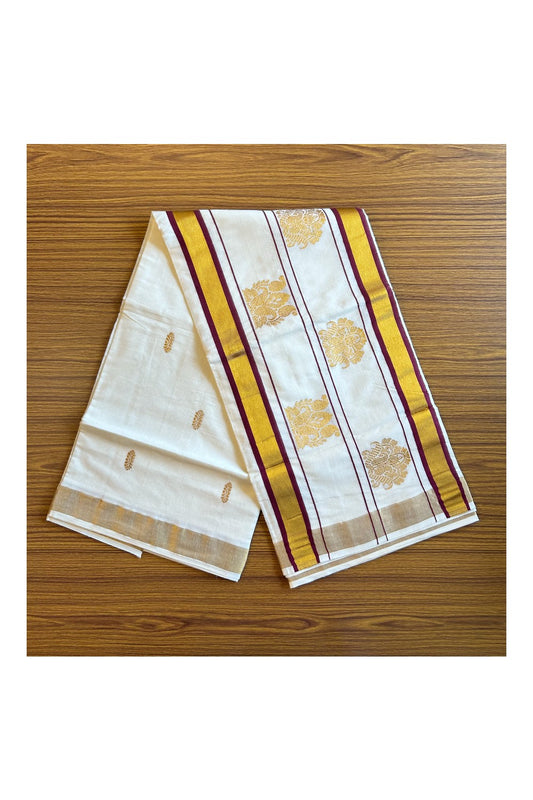 25% Discount! Kaitharikada Kerala Cotton Saree Off white - 12 inch Kasavu Zari with Maroon & Mango Pattern Putta Design- 24KK303VIN