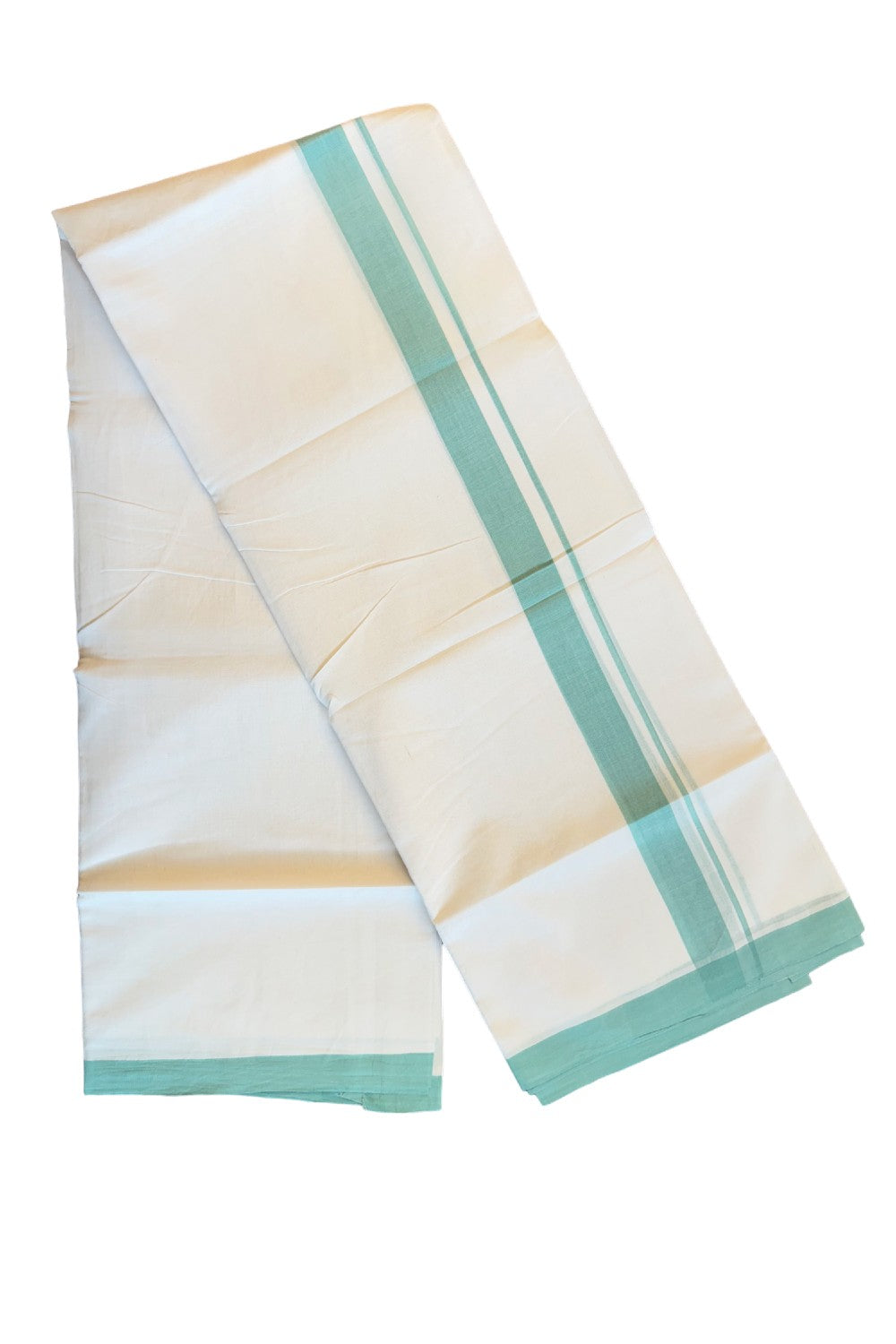 30% Discount! KaithariKada Balaramapuram Handloom 100% Millpaav Cotton Double Mundu/Dhoti Pure white - 100x100 Pista green Mulloth Border - 24KK404RAM