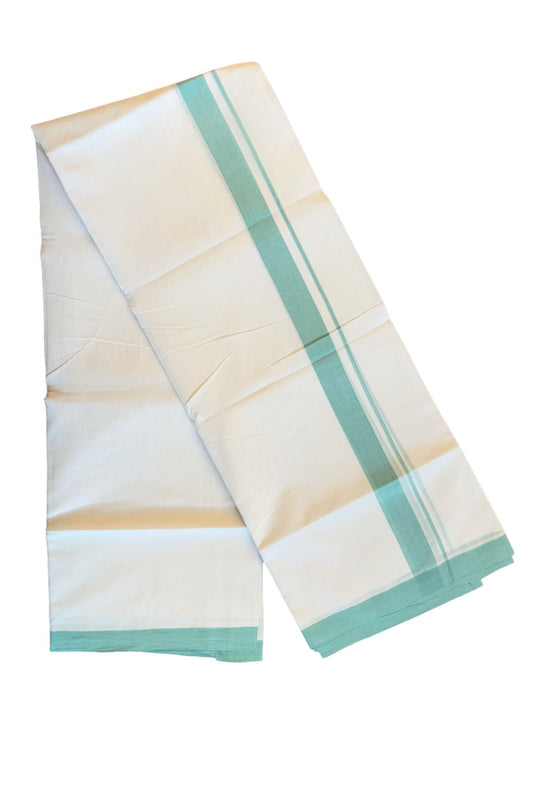 30% Discount! KaithariKada Balaramapuram Handloom 100% Millpaav Cotton Double Mundu/Dhoti Pure white - 100x100 Pista green Mulloth Border - 24KK404RAM