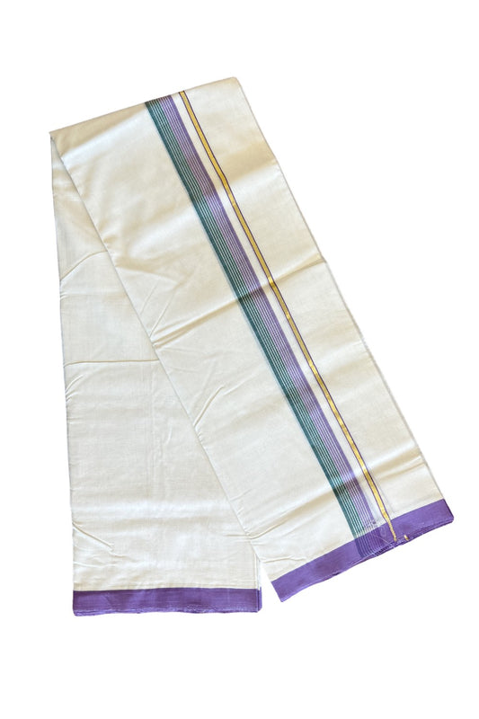 25% DISCOUNT!! KaithariKada HANDLOOM UNAKKUPAAV Balaramapuram - 100% PURE Cotton OFF White (Unbleached) Double Mundu/Dothi - Kasavu Lavender & Green kara with white stripes - 24KK458SOM