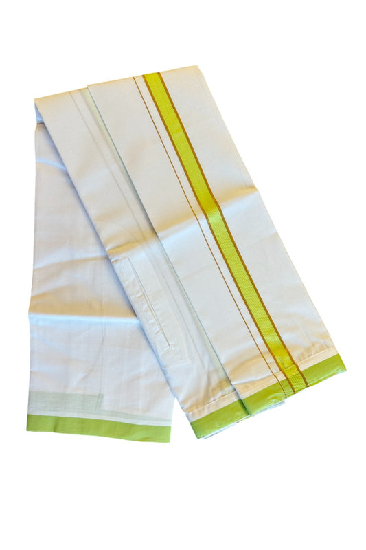 KaithariKada Balaramapuram  COTTON SINGLE PURE WHITE VELCRO Mundu/Dhoti - 1.75inch Light Green & Kasavu kara (2 metre / 4 muzham)- 24KK485SRI