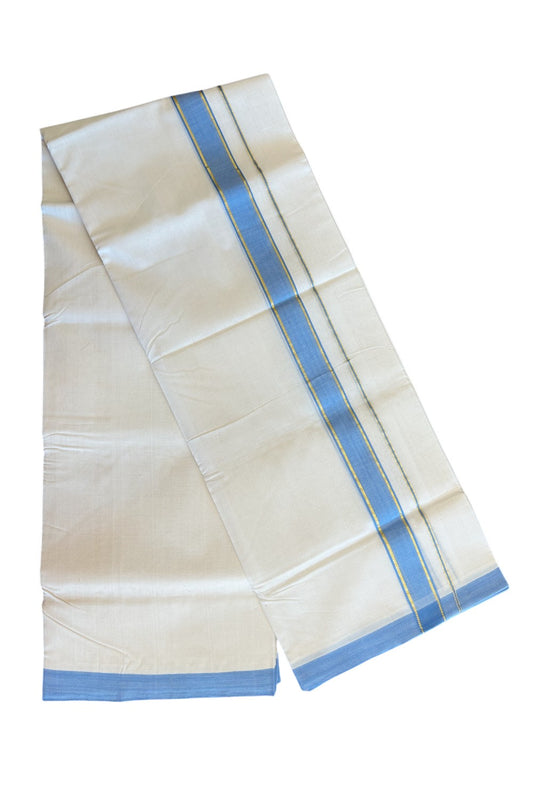 30% Discount KaithariKada HANDLOOM Unakkupaav Balaramapuram - 100% PURE Cotton Off White (Unbleached) - 100x100 Double Mundu/Dhoti - 2 inch Kasavu & Sky Blue Kara- 101