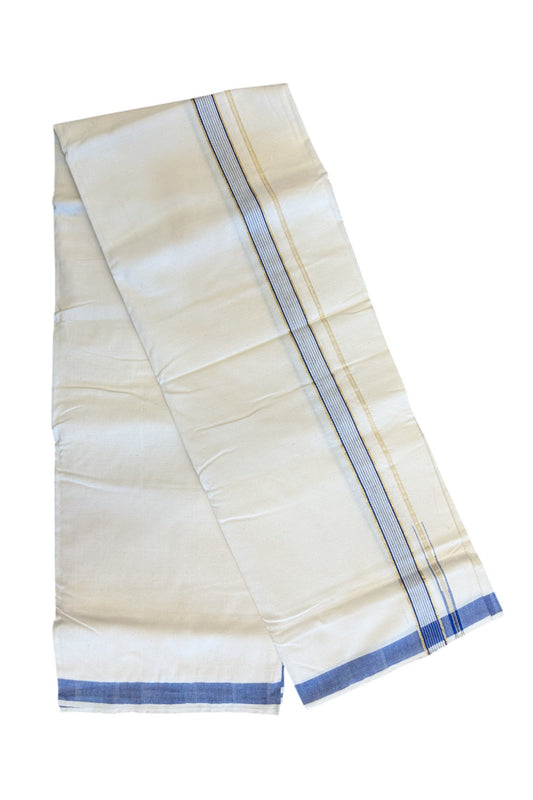 30% Discount ! KaithariKada 100% Cotton Balaramapuram HANDLOOM Single Mundu/Dhoti - Off White (Unbleached) 1.Inch (2 meter / 4 muzham) Blue Striped Puliyilakkara Chutty.