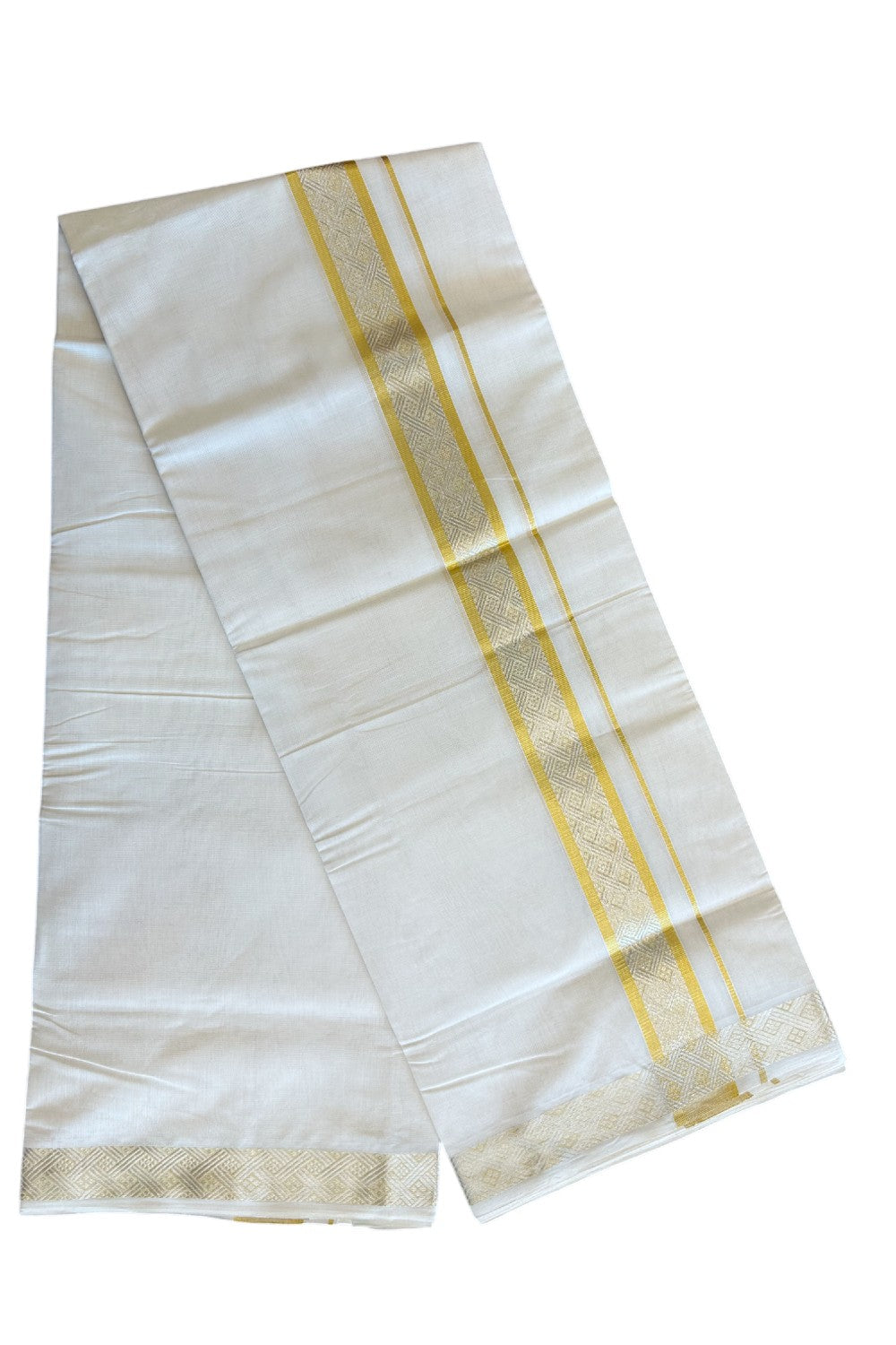 25% DISCOUNT ! KaithariKada HANDLOOM Unakkupaav Balaramapuram - 100% PURE Cotton Off White - (Unbleached) Double Mundu/Dhoti - 2.5 inch Gold Kasavu & Silver Kasavu Design Kara - 24KK5105RAM
