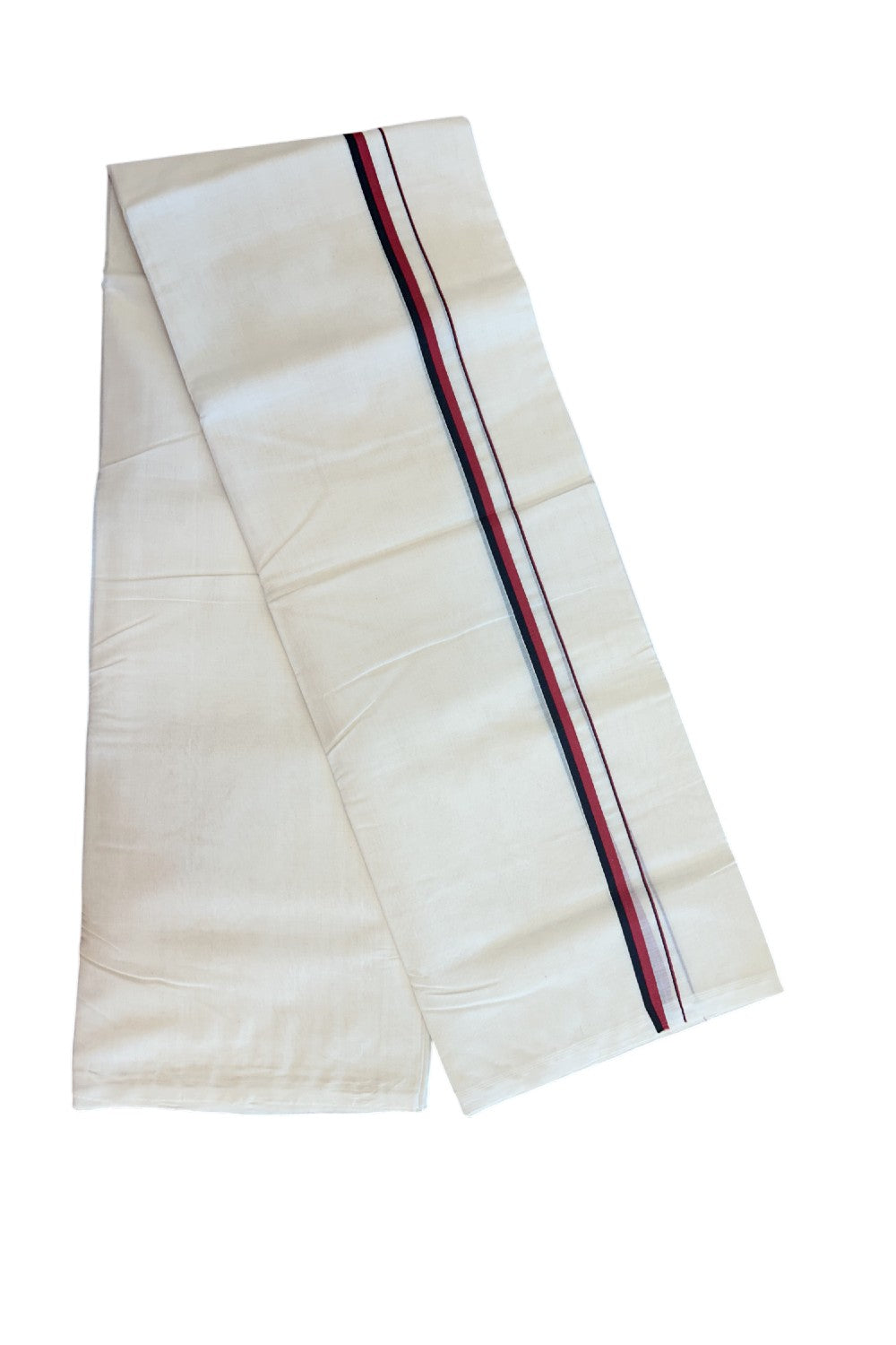 27% DISCOUNT! KaithariKada BALARAMAPURAM HANDLOOM UNAKKUPAAV - 100% PURE Cotton Off white (Unbleached) Double Mundu/Dhoti - 0.5 inch Light Maroon & Black Kara (8 Muzham) - 13KK5161SOM