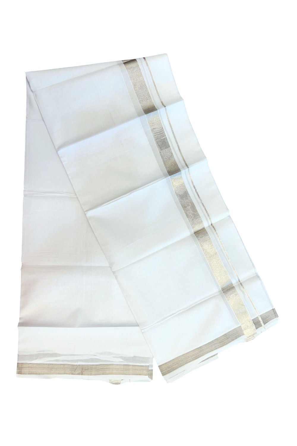 23% DISCOUNT! KaithariKada Balaramapuram 100% Cotton DOUBLE PURE WHITE Mundu/Dhoti - 100x80 - 1 inch Silver Kasavu Kara - 24KK5171GAN