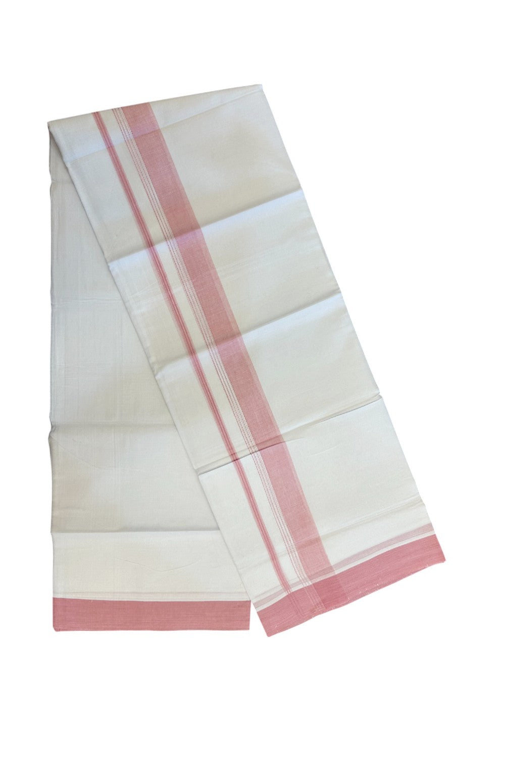20% Discount ! Kaitharikada Balaramapuram 100% Cotton PURE WHITE Double Mundu/Dothi - 100x80 - 1.75 inch Baby Pink Shaded Striped Kara - 24KK5183VIN