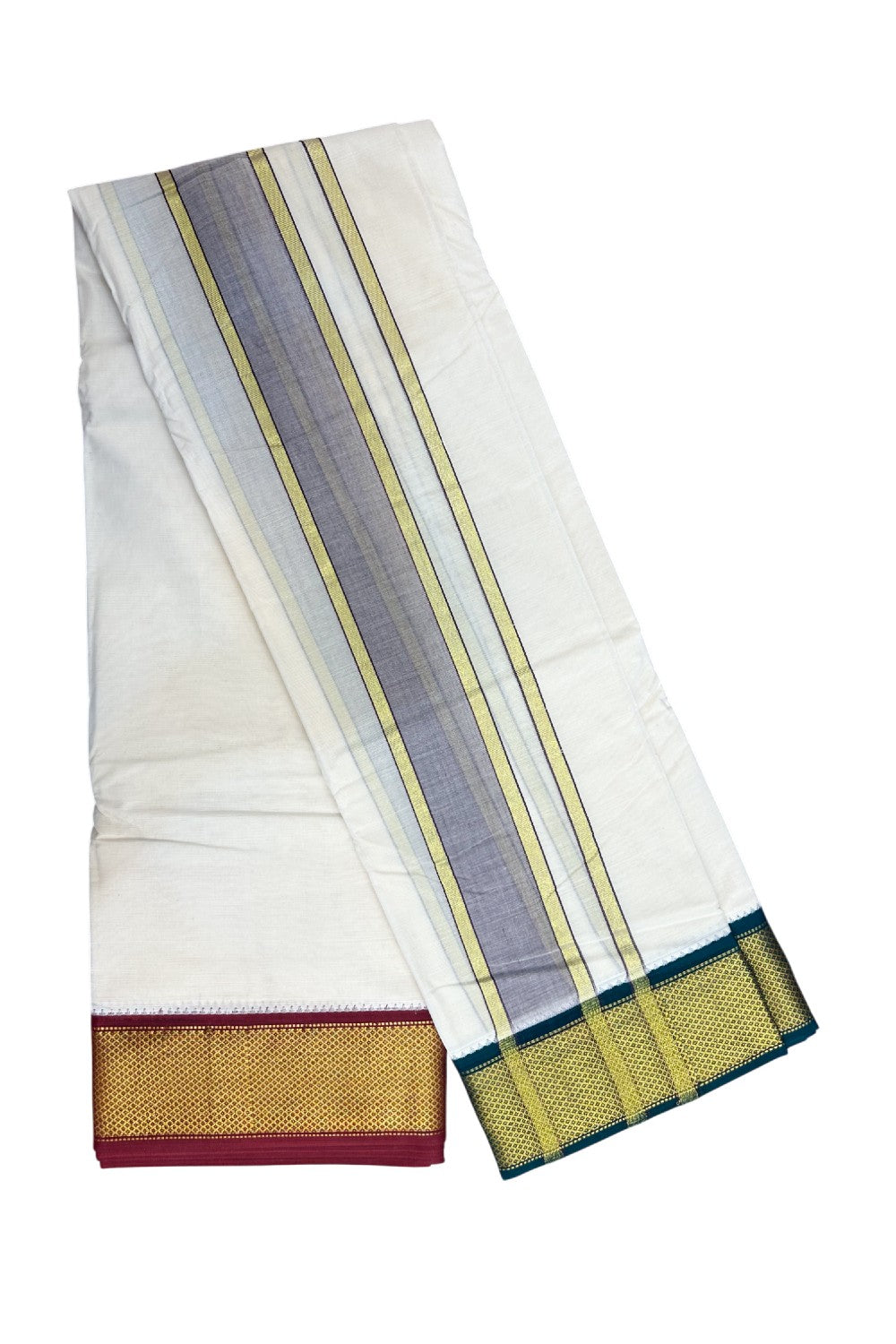 20% DISCOUNT! KaithariKada 100% Cotton Off White - (Unbleached) 100x100 thread - NORTH INDIAN- ATTACHED GAMCHA 10X6 Dhoti 2.75 inch Dark Brown kara with Maroon & Dark Green Kasavu border - 24KK5196PMC