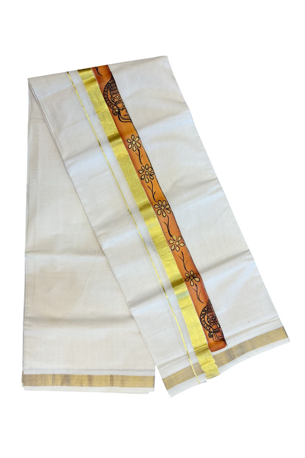 29% Discount! KaithariKada Balaramapuram 100% Cotton off white Double - (Unbleached) Mundu/Dhoti- 80x90 - Gold Kasavu HAND PAINT Orange & Yellow Kathakali Flower Pattern 2.25 inch Kara - 24KK5212 VIN