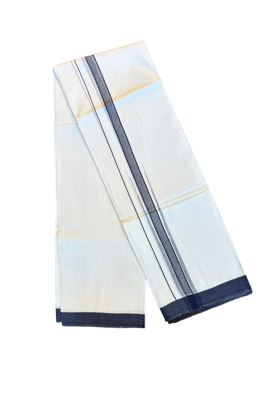 22% DISCOUNT!! Kaitharikada Balaramapuram 100% Cotton PURE WHITE Double Mundu/Dothi-100x100  2 Inch NAVY BLUE Striped Cotton Kara - 24KK74RAM