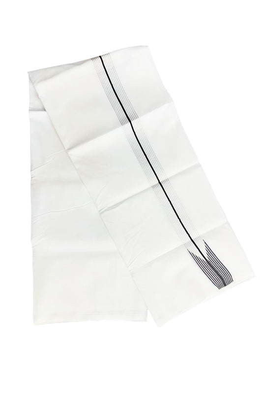 22% DISCOUNT ! KaithariKada 100% Cotton PURE WHITE Double Dhoti/Mundu-   1.75 Inch 12 Line Puliyilakkara Chutty BLACK & SILVER Kasavu Stripes-KK47ASH-24..