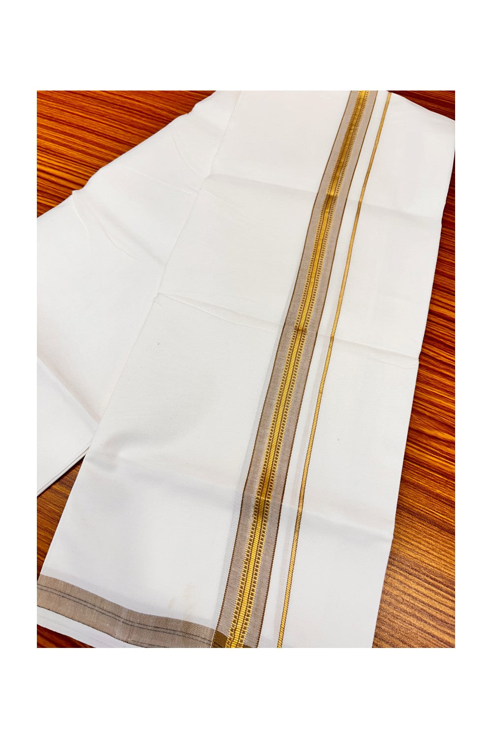30% OFFER! KaithariKada 100% Cotton Balaramapuram HANDLOOM Single PURE WHITE Mundu/Dhoti - 1.75 inch (2 meter / 4 muzham) Light Brown Kasavu Kara Stripes Design - 24KAI.