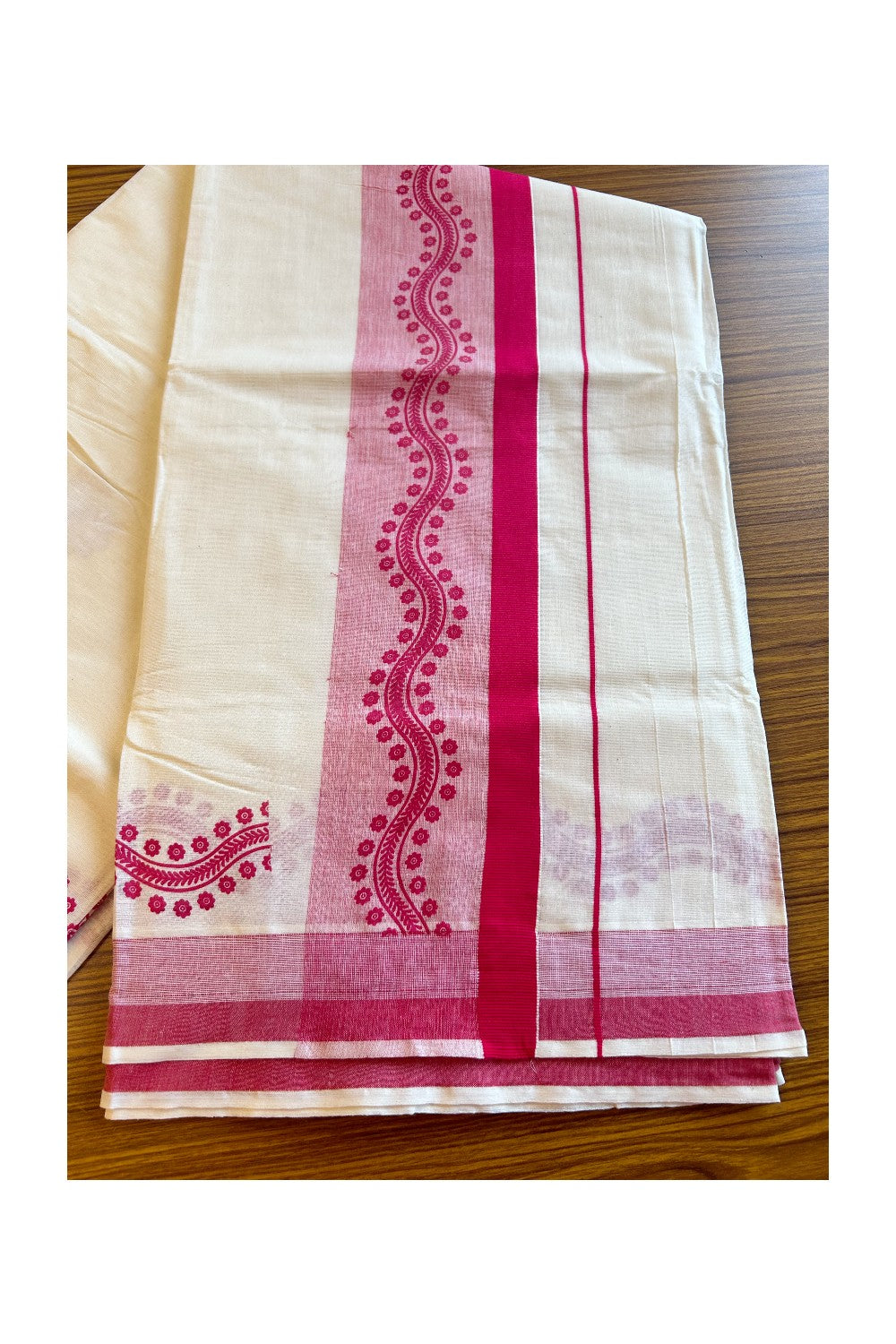 25% Discount! Kaitharikada Kerala Saree - Cotton Off white - Pink Deep Kara with Floral Prints - 24KK300VIN