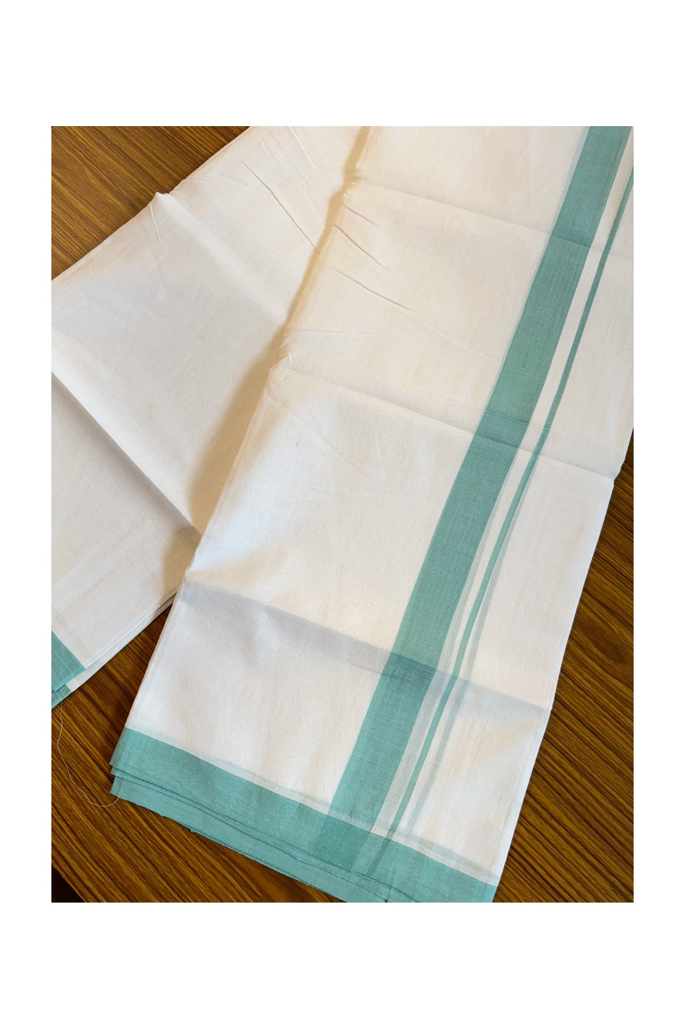30% Discount! KaithariKada Balaramapuram Handloom 100% Millpaav Cotton Double Mundu/Dhoti Pure white - 100x100 Pista green Mulloth Border - 24KK404RAM