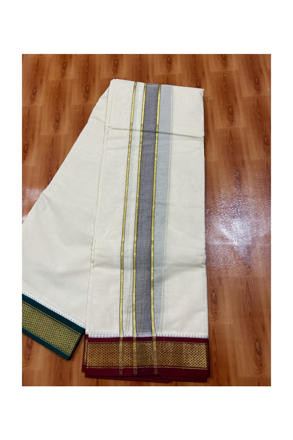 38% DISCOUNT! KaithariKada 100% Cotton Off White - (Unbleached) 100x100 thread - NORTH INDIAN- ATTACHED GAMCHA 9X5 Dhoti 2.5 inch Purple kara with Maroon &Green Kasavu border  - 24KK5005PMC