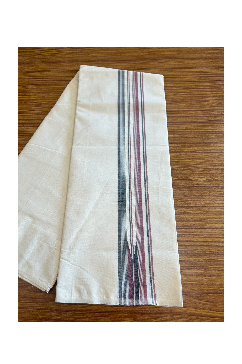 ADMK VESHTI SHORT DHOTI SPECIAL! Kaitharikada.com - 19% Discount! Balaramapuram Double Off white - (Unbleached) Mundu/Dhoti - 100X100 - 2 inch Kara & 46 inches Height Puliyilakkara Maroon & Black Striped Chutty Kara - Big Size Dhoti - 8KK5079ASH