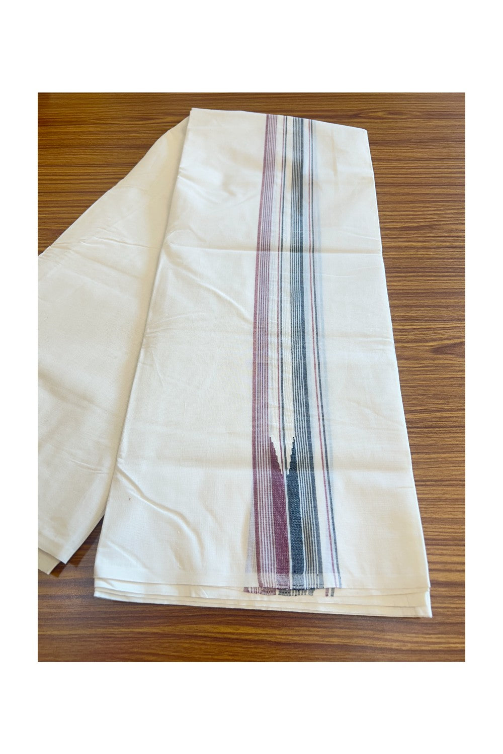 ADMK VESHTI 18% Discount !! KaithariKada Balaramapuram Double Off white - (Unbleached) Mundu/Dhoti - 100X100 - 2.25 inch Puliyilakkara Maroon & Black Striped Chutty Kara - Big Size Dhoti - 24KK5045ASH